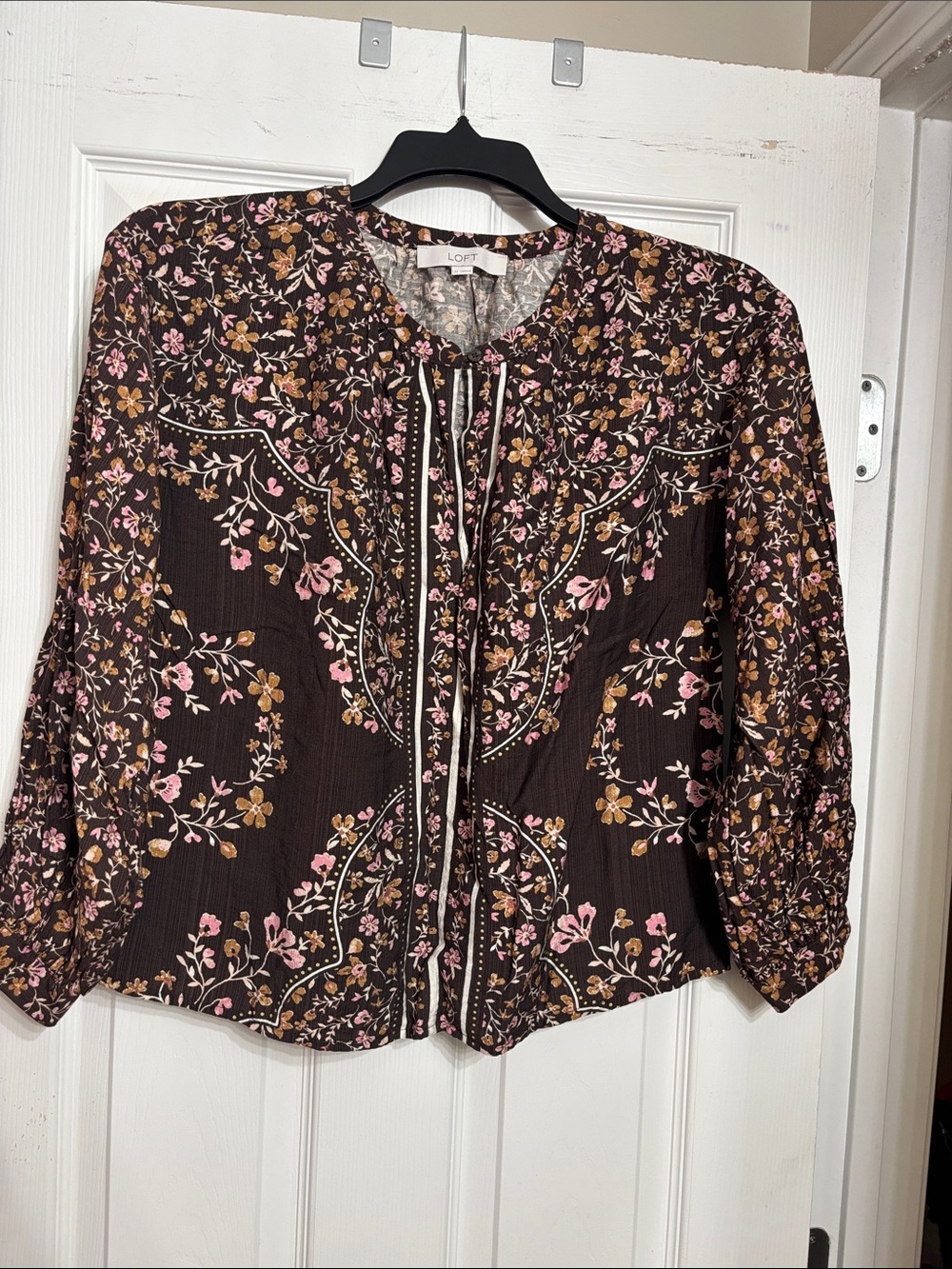 LOFT Brown Floral Blouse with Pink and Tan Blossoms